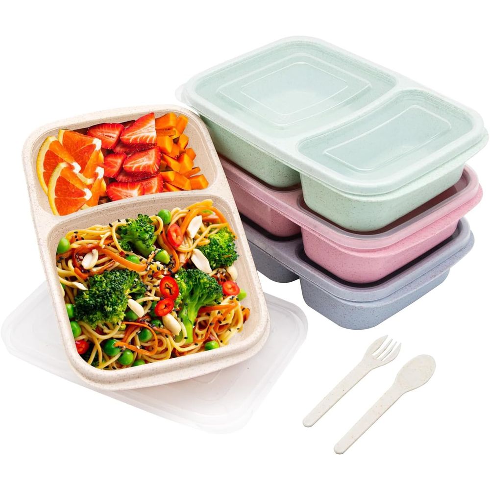 Meal Prep Microwave - 4パック弁当箱、2つのコンパートメント付き食事準備容器、蓋付き、電子レンジ＆食洗機対応、再利用可能な仕切り付き食品保存容器