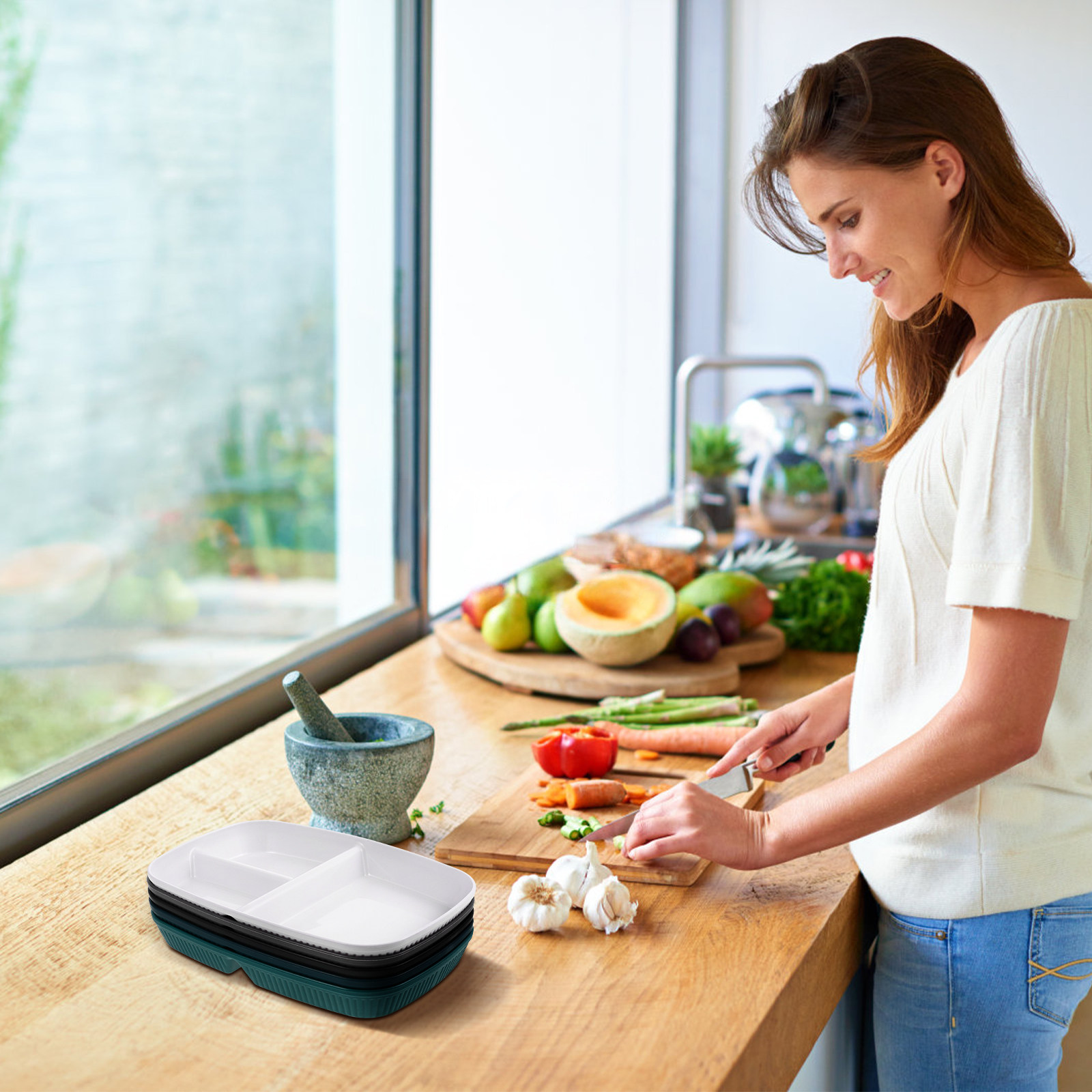 Meal Prep Diet - 5個入り分割ディナープレート、ポーションコントロール、再利用可能なフードトレイ、積み重ね可能なセクション付きプレート、ダイエット、スナック、食事の準備用