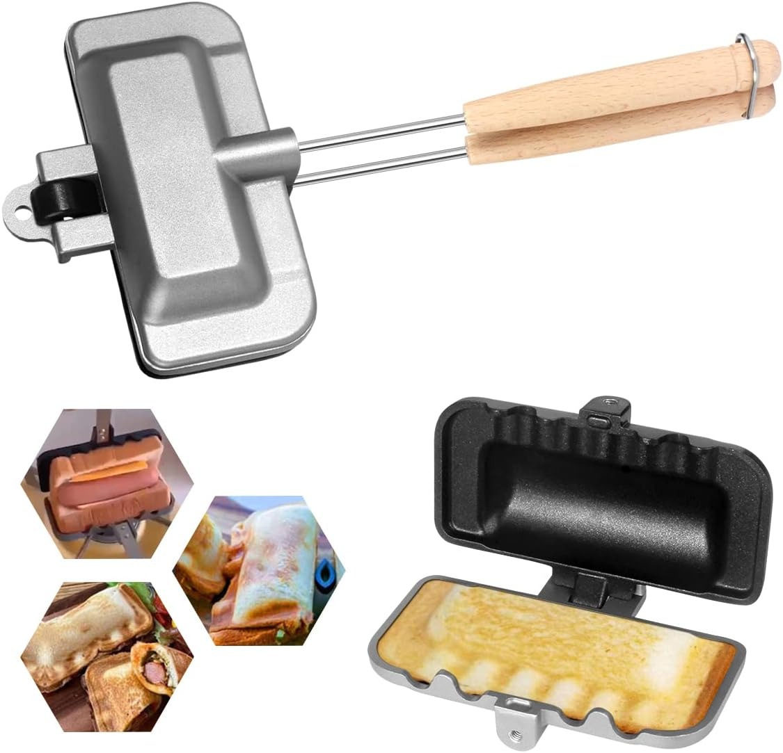 Breakfast Sandwich Press - ホットサンドメーカー、4w1hサンドイッチメーカー両面パイアイロンノンスティック鋳鉄サンドイッチメーカーパニーニプレスパン、取り外し可能なハンドル付き、朝食用パンケーキ、トースト、オムレツ用