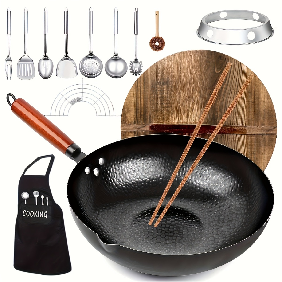 Meal Prep Rice - 12.6インチ鋳鉄製中華鍋セット、ノンスティック中華鍋、13点の調理器具アクセサリー付き、あらゆる調理台に対応、キャンプ、家庭キッチン用炒め鍋、チャーハン、麺類、野菜、肉、シーフード、バーベキュー、アウトドア料理、食事の準備、家族での使用、アジア料理、家庭用キッチンツール