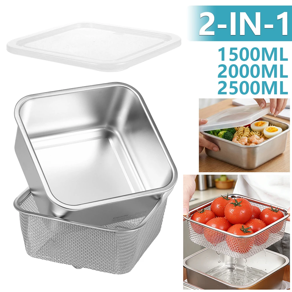 Meal Prep Rice - 2 in 1ステンレス製フルーツ洗浄ボウル、蓋付き正方形ザルセット、食事準備容器、米洗いボウル、キッチンフードボックス