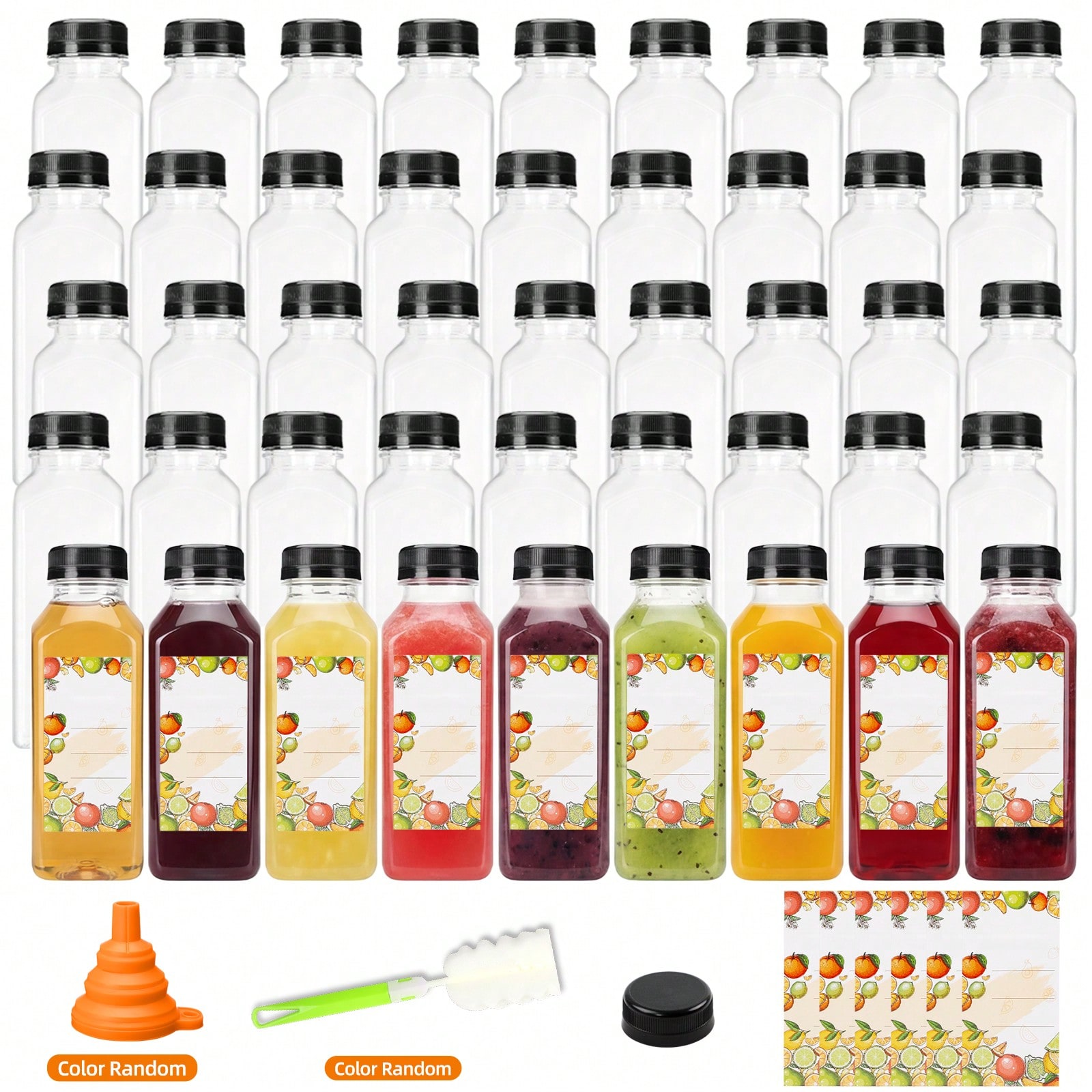Meal Prep Smoothies - プラスチック製ジュースボトル モダンでスタイリッシュな透明な12オンス角型空容器 再利用可能 ブラックキャップ付き ファネルブラシ ラベル付き