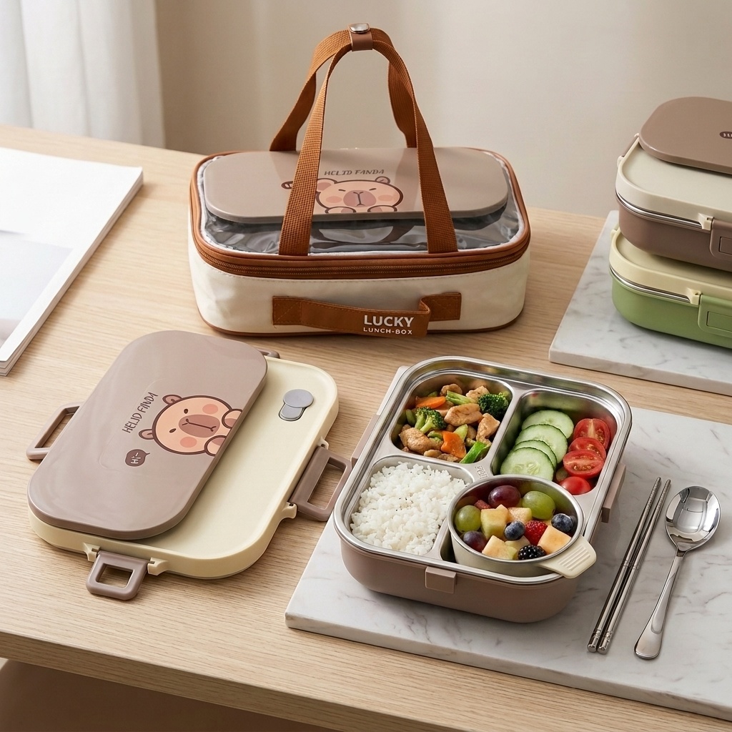 Meal Prep Soup - 304ステンレス製弁当箱セット 4/5仕切り食品保存容器 スープボウルとカトラリー付き 大人子供学校用