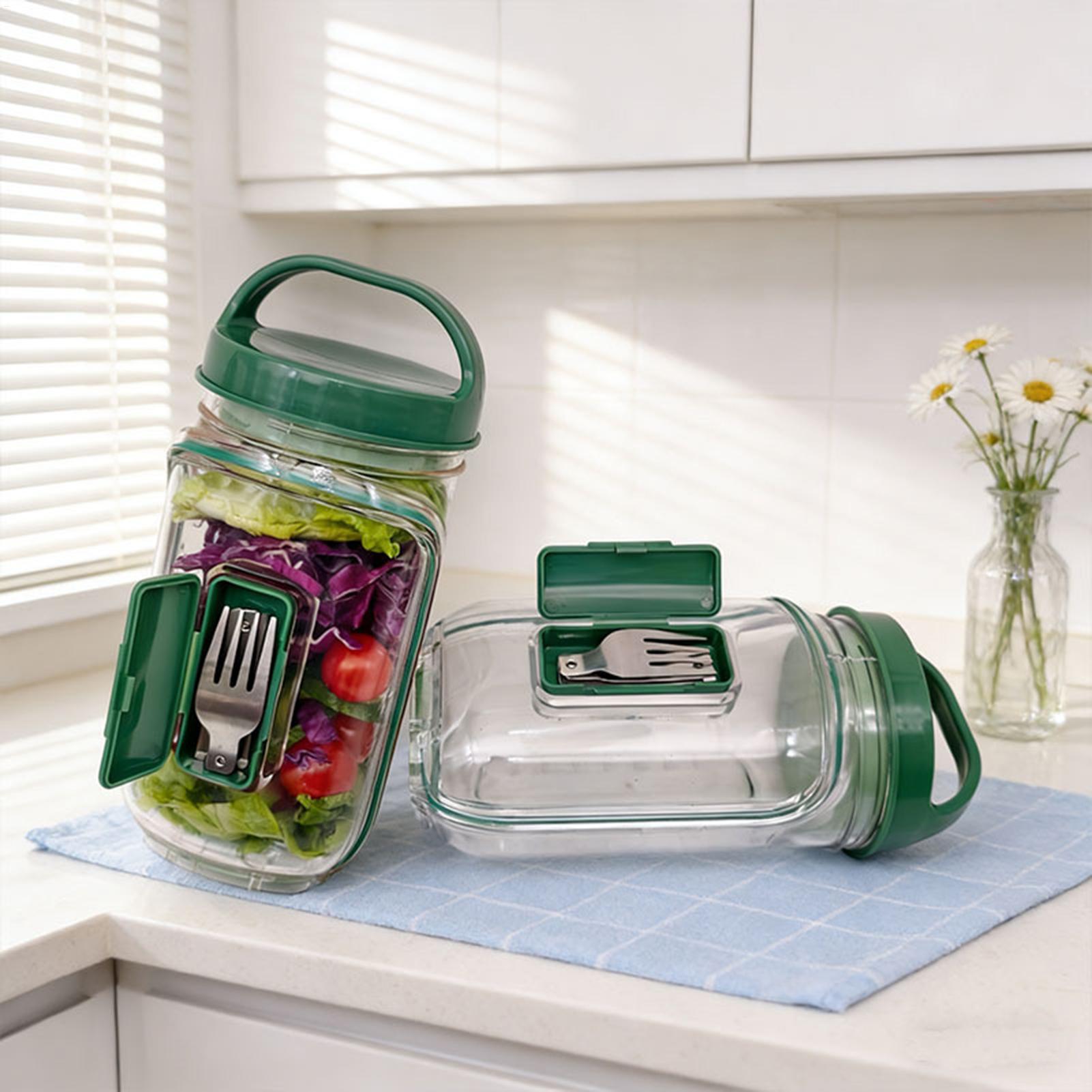 Meal Prep Jar - 1000ml漏れ防止サラダ容器、サイドオープン式サラダジャー、ランチ、仕事、オフィス、ジム、旅行用のドレッシングカップ付きミールプレップジャー