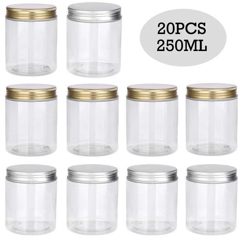 Meal Prep Jar - 透明なプラスチック製の収納ジャー,250ml,20個,ゴールドまたはシルバーの色,クリーム,化粧品,食品容器,家庭用品