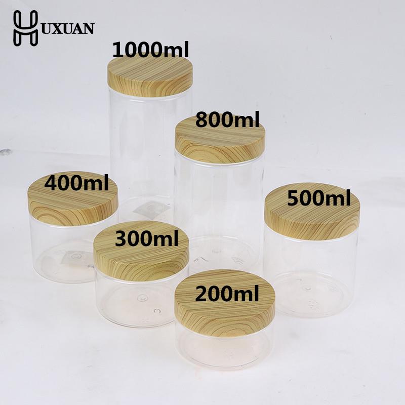 Meal Prep Jar - 100/200/300/400/500/800/1000ミリリットル空の透明なpet瓶コンテナ模造ウッド蓋透明プラスチック製の収納ボトル