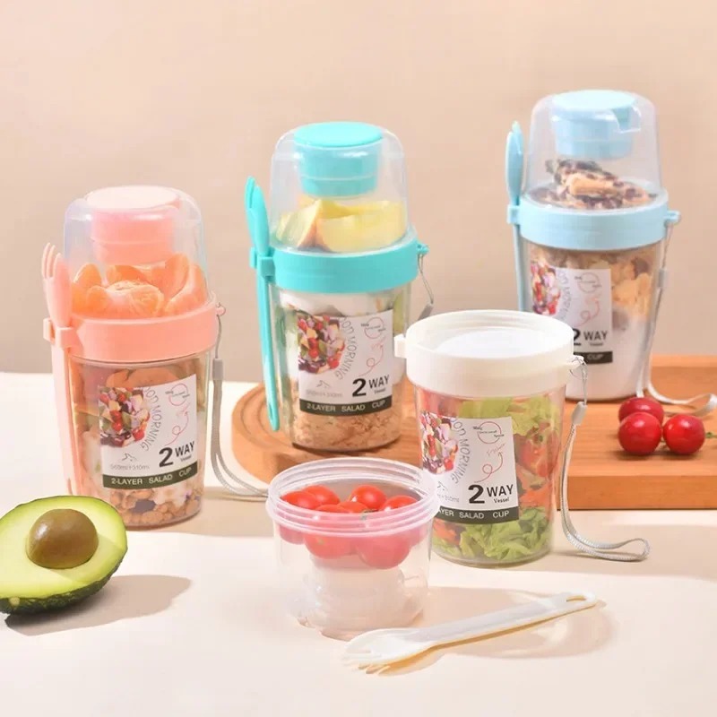 Meal Prep Jar - ポータブルサラダカップ ダブルオートミールカップ ヨーグルトナッツ 脂肪低減野菜フルーツボックスカップ 蓋付きスプーン付き 朝食ランチボックス
