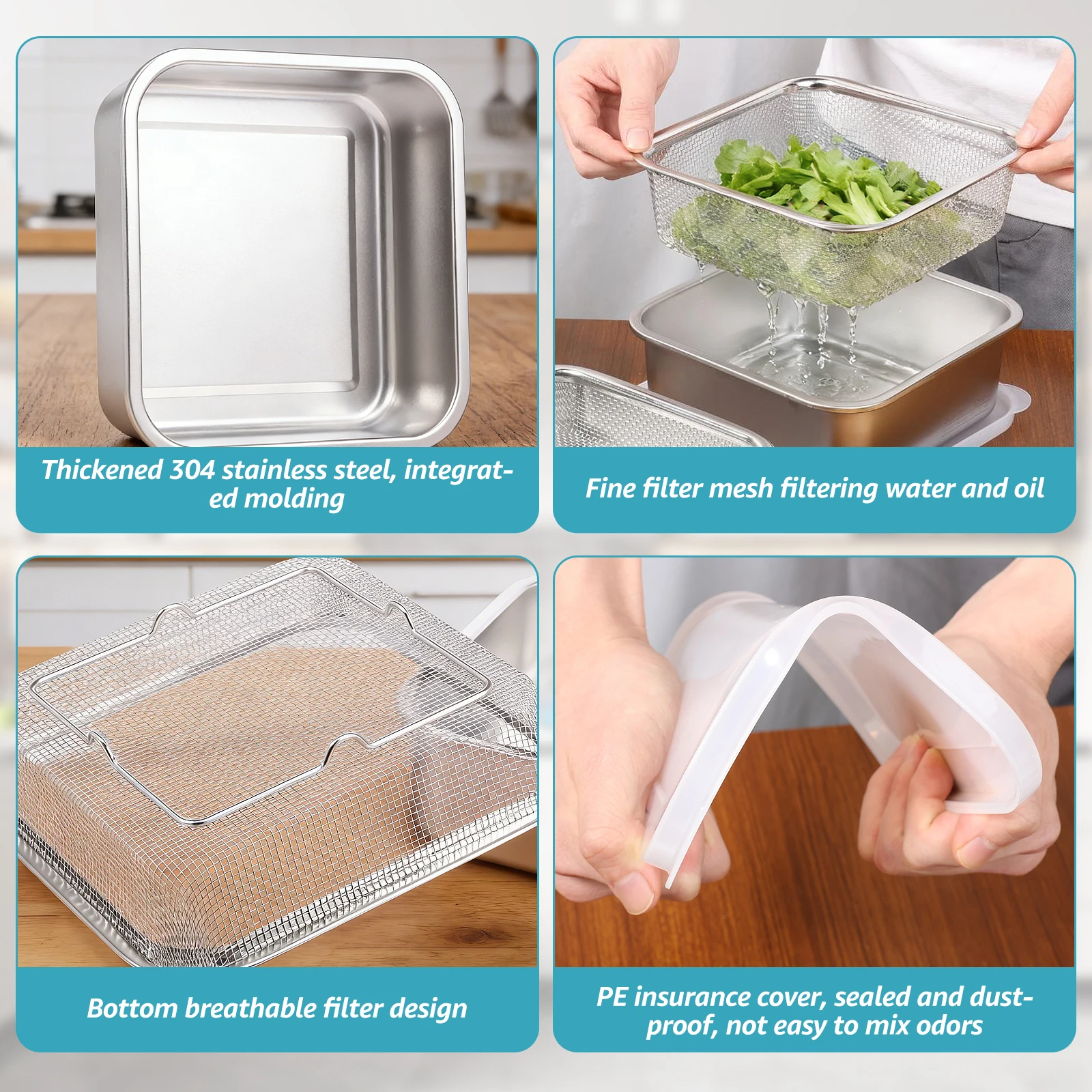 2 in 1ステンレス製フルーツ洗浄ボウル、蓋付き正方形ザル - Meal Prep Rice のレビューと価格